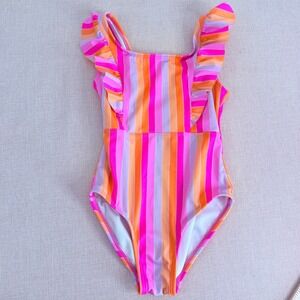 Cat & Jack Girls Pink Orange Striped Ruffle One Piece Swimsuit Size XS 4/5